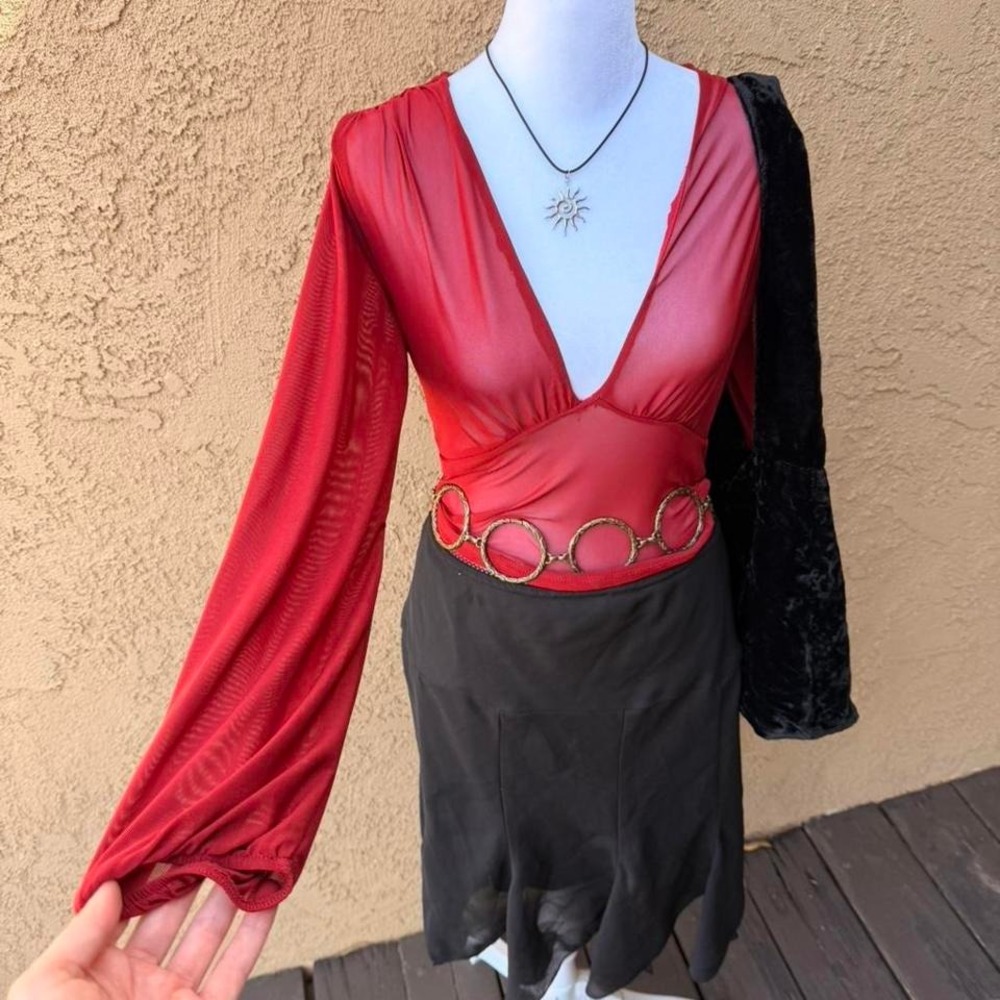 Red mesh long sleeve top